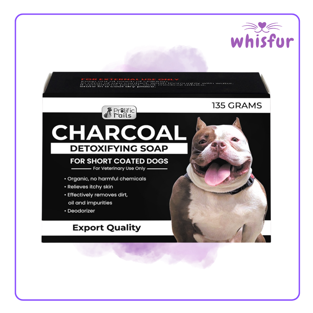 An Image of Charcoal Detoxifying Soap For Short Coats 1 Box 135G Charcoal with the logo of Whisfur Pet Supplies at the upper right corner.