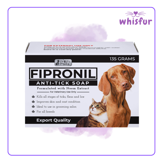 An Image of Fipronil Anti Tick Soap With Neem Extract For Pets 1 Box 135G Fipronil with the logo of Whisfur Pet Supplies at the upper right corner.