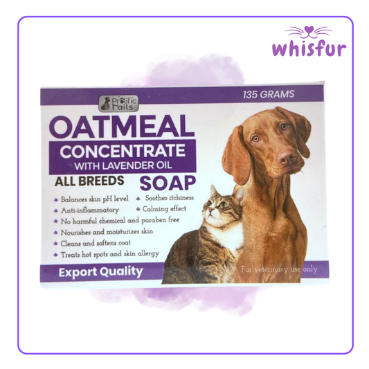 An Image of Oatmeal Soap For Dogs All Breed 1 Box 135G Oatmeal with the logo of Whisfur Pet Supplies at the upper right corner.