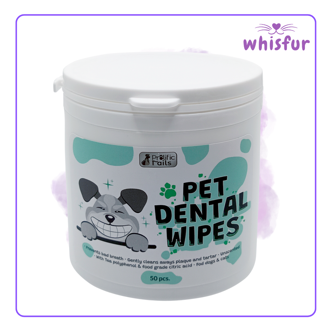 An Image of Prolific Tails Pet Wipes For Ear, Eyes, And Dental Cleaning 1 Tub 50Pcs Dental Wipes with the logo of Whisfur Pet Supplies at the upper right corner.
