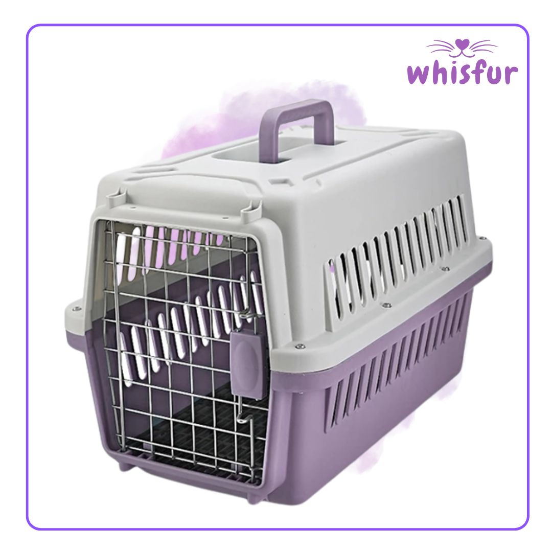 An Image of Travel Crate for Cats and Dogs (cage)1set medium random color with the logo of Whisfur Pet Supplies at the upper right corner.