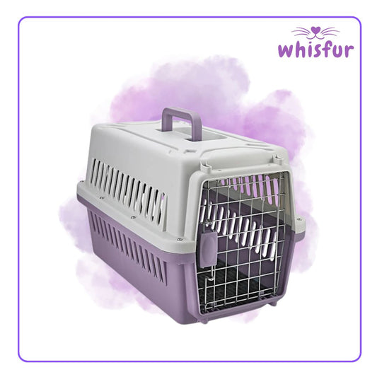 An Image of Travel Crate for Cats and Dogs (cage)1set small random color with the logo of Whisfur Pet Supplies at the upper right corner.