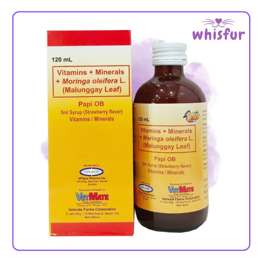 An Image of Vetmate Papi OB Vitamins and Minerals for Cats and Dogs (bottle)120ml small with the logo of Whisfur Pet Supplies at the upper right corner.