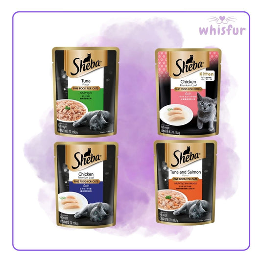 Four Sheba cat food pouches on a purple background with 'whisfur' branding.