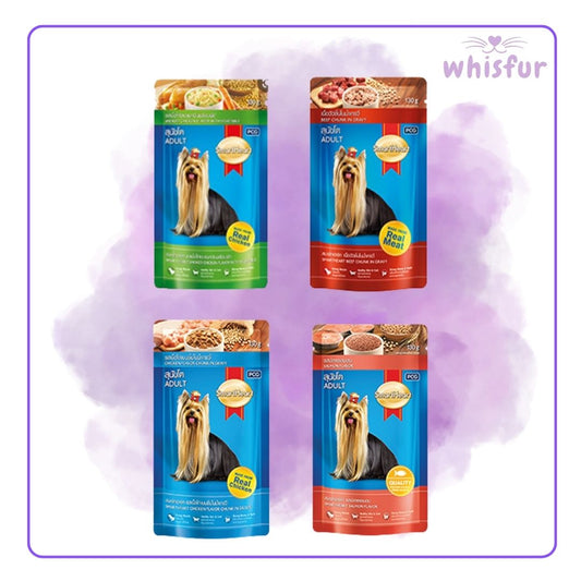 Four packages of Smart Heart wet dog food with a Yorkshire Terrier image on a purple background, featuring the brand 'whisfur'.