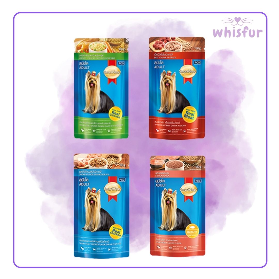 Four packages of Smart Heart wet dog food with a Yorkshire Terrier image on a purple background, featuring the brand 'whisfur'.