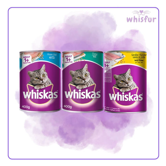 An Image of Whiskas Wet Food for Cats (can)400g in different flavors with the logo of Whisfur Pet Supplies at the upper right corner.