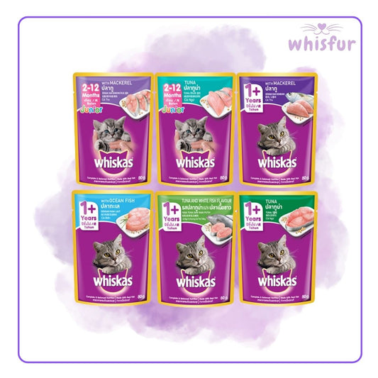 An Image of Whiskas Wet Food for Cats in pouch (pouch)80g in different flavors with the logo of Whisfur Pet Supplies at the upper right corner.